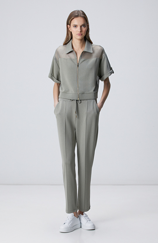 Açık Haki File Garnili Modal Karışımlı Sweatshirt