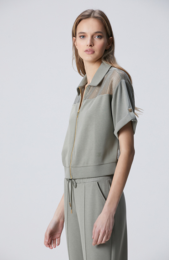 Açık Haki File Garnili Modal Karışımlı Sweatshirt