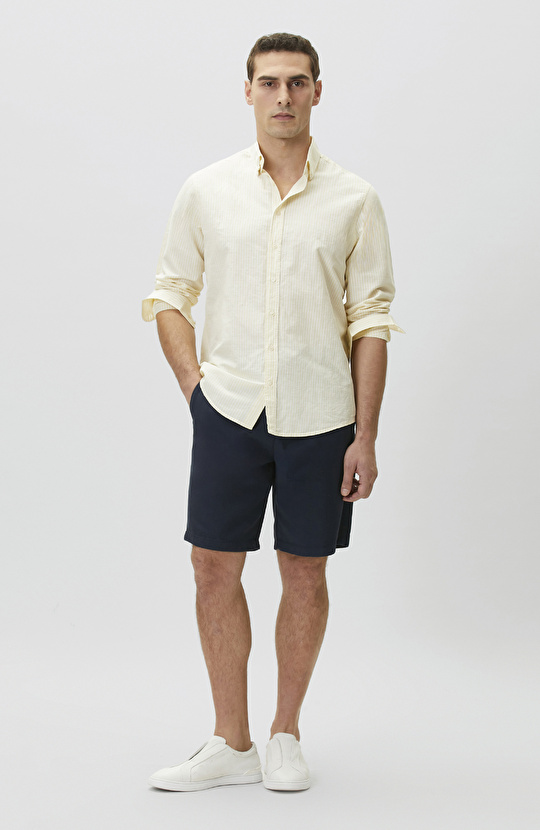 Sarı Keten Karışımlı Gofreli Çizgili Gömlek