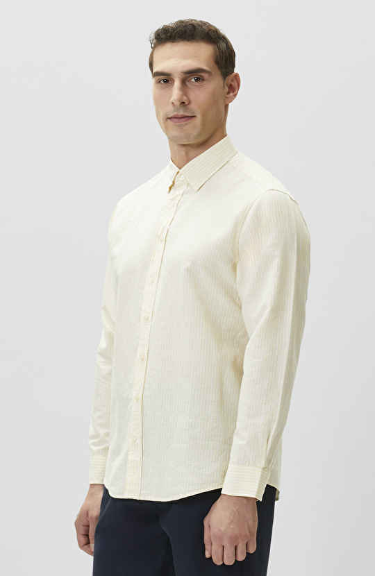 Sarı Keten Karışımlı Gofreli Çizgili Gömlek