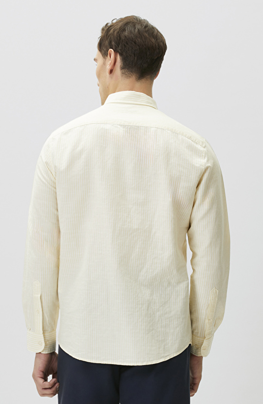 Sarı Keten Karışımlı Gofreli Çizgili Gömlek
