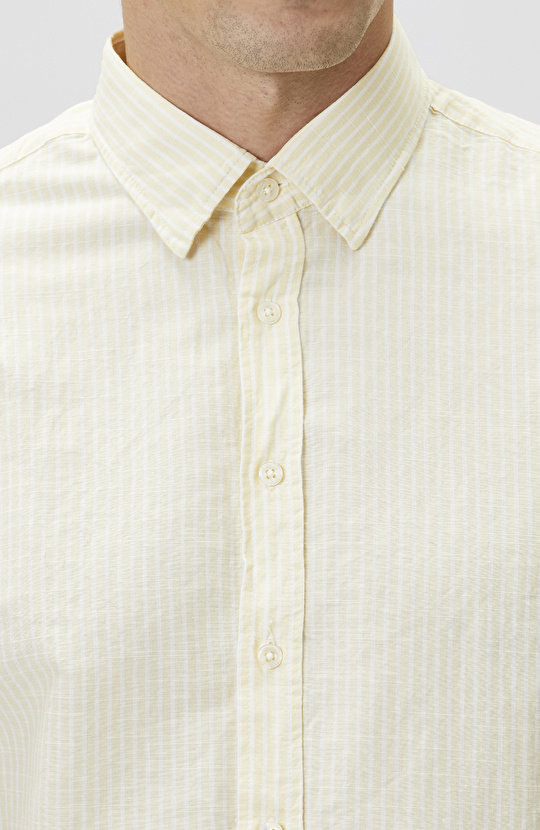 Sarı Keten Karışımlı Gofreli Çizgili Gömlek