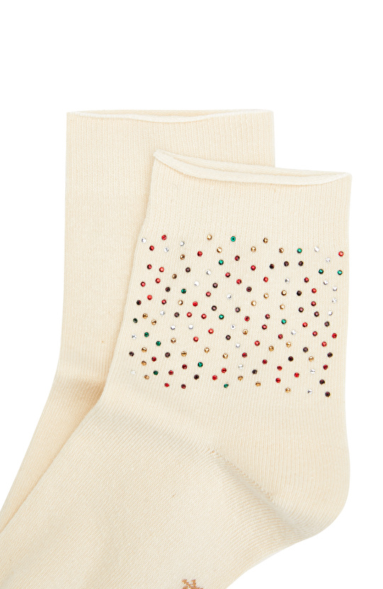 Kırık Beyaz Taşlı Kadın Çorap