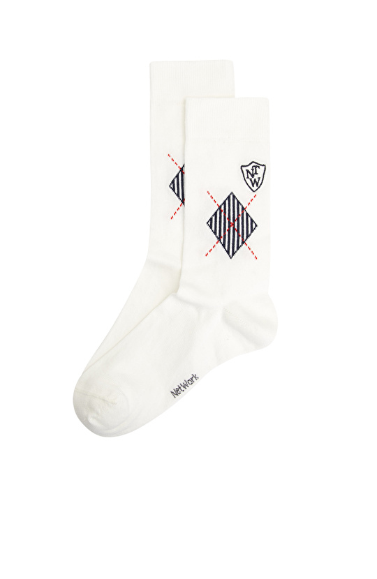 Beyaz Baklava Desenli Erkek Çorap