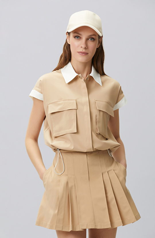 Bej N-tech Bel Büzgü Detaylı  Dış Gömlek