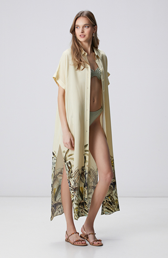 Sarı Yeşil Desen Detaylı Kaftan