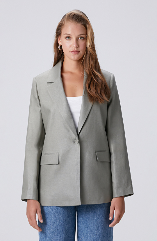 Açık Haki Kruvaze Kapama Keten Ceket