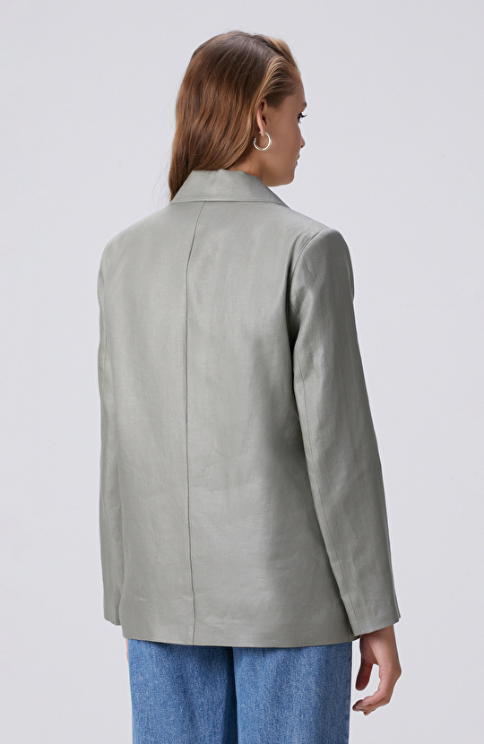 Açık Haki Kruvaze Kapama Keten Ceket