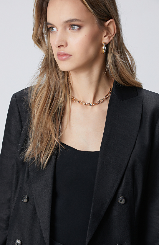 Black Double Breasted Linen Jacket