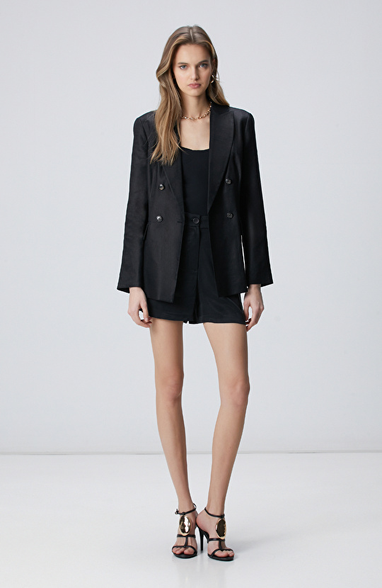 Black Double Breasted Linen Jacket