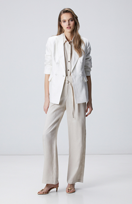 Kırık Beyaz Kruvaze Keten Ceket