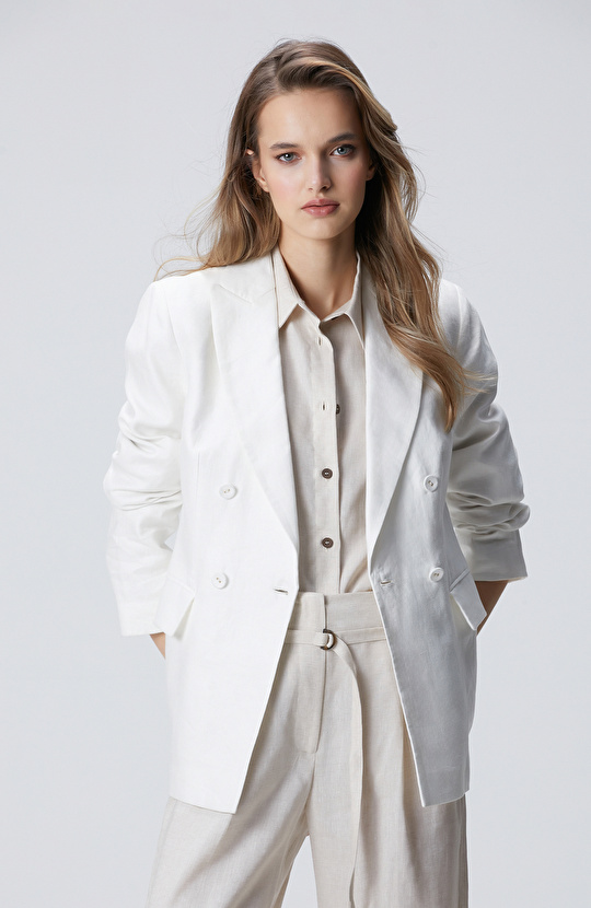 Kırık Beyaz Kruvaze Keten Ceket