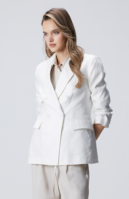 Kırık Beyaz Kruvaze Keten Ceket
