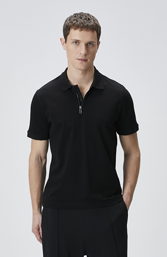 Siyah Polo Yaka Enjeksiyon Baskılı T-shirt
