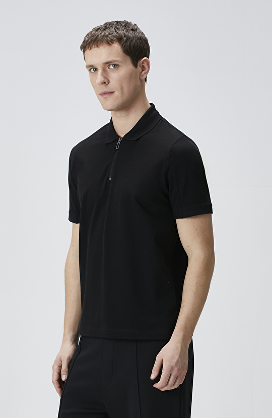 Siyah Polo Yaka Enjeksiyon Baskılı T-shirt