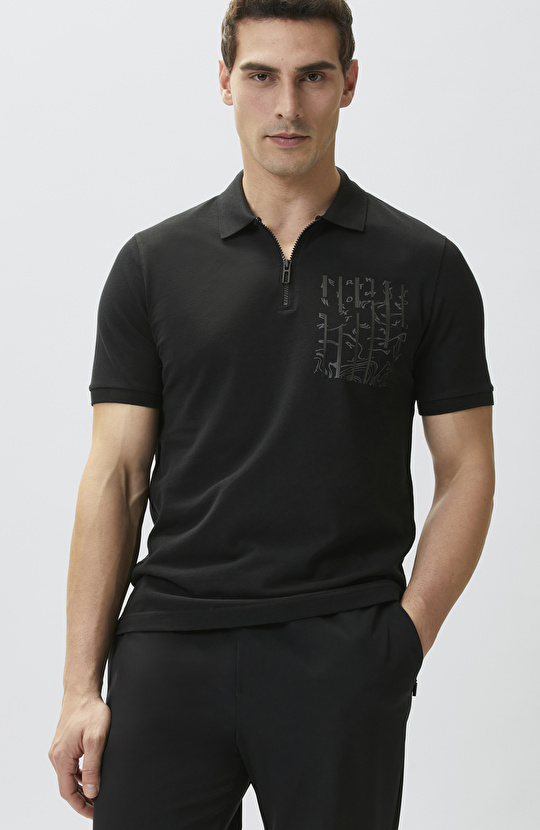 Siyah Süs Cep Baskı Detaylı Pike T-shirt