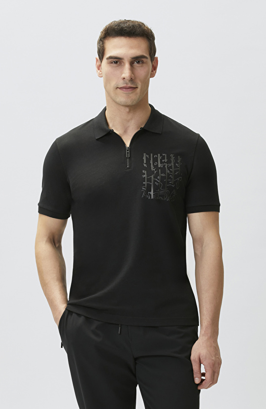 Siyah Süs Cep Baskı Detaylı Pike T-shirt