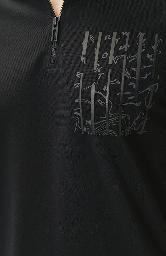 Siyah Süs Cep Baskı Detaylı Pike T-shirt