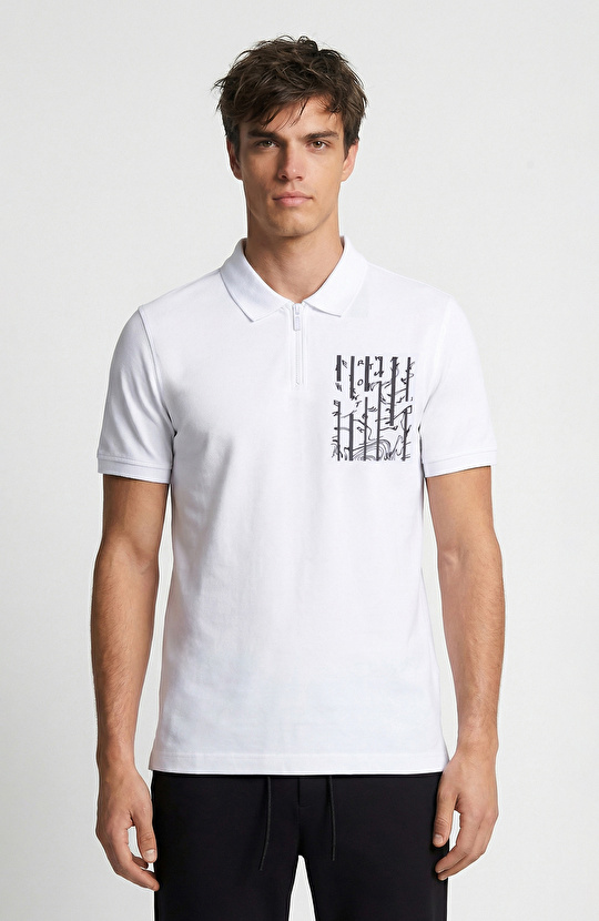 Beyaz Süs Cep Baskı Detaylı Pike T-shirt