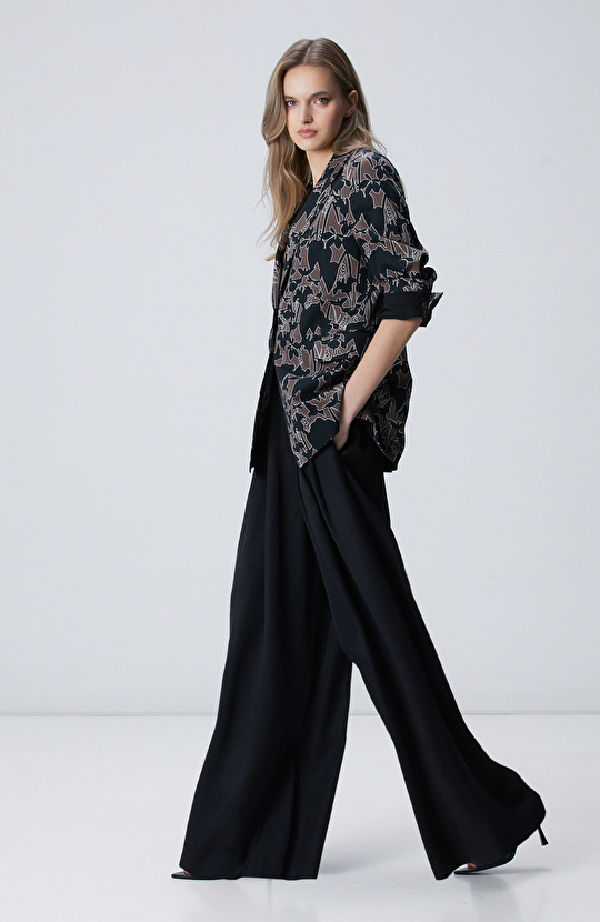 Siyah Pile Detaylı Keten Karışımlı Pantolon