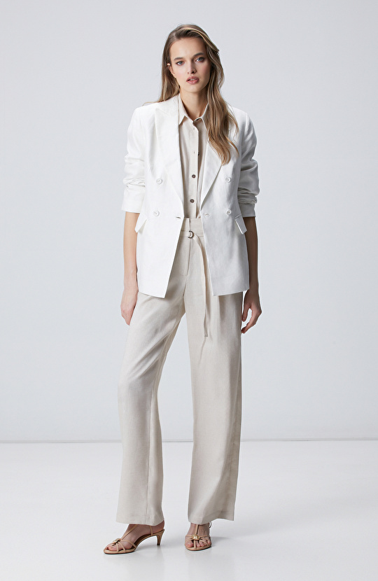 Beige Melange Belt Detailed Linen Trousers