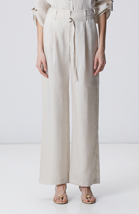 Beige Melange Belt Detailed Linen Trousers