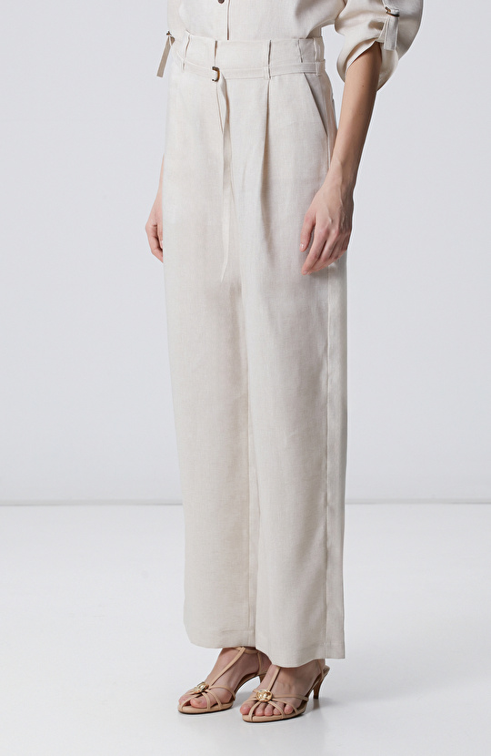Beige Melange Belt Detailed Linen Trousers
