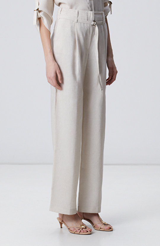 Beige Melange Belt Detailed Linen Trousers