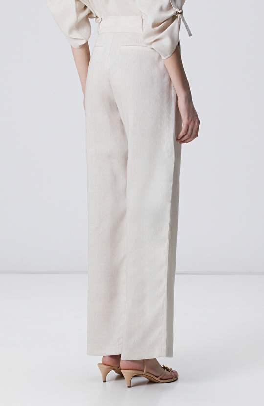 Beige Melange Belt Detailed Linen Trousers