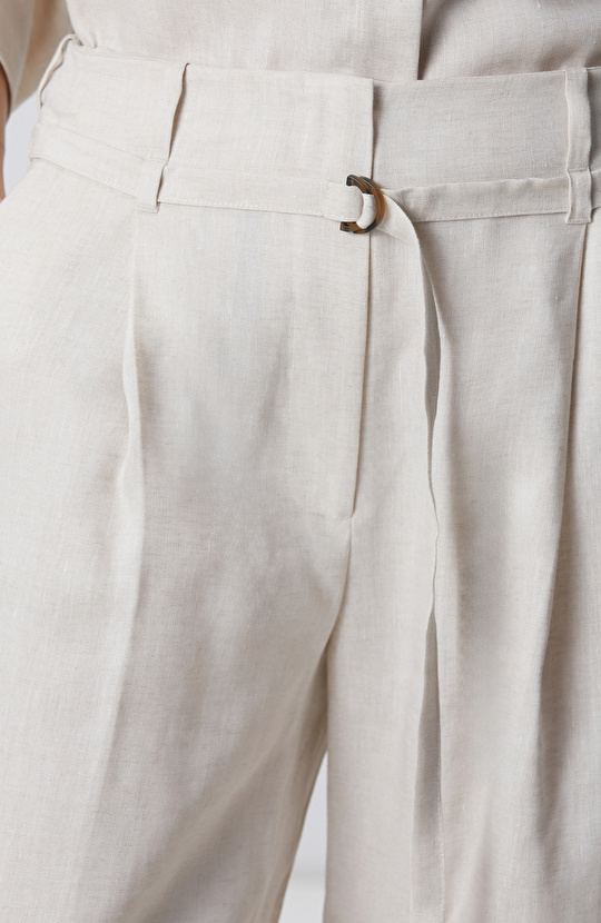 Beige Melange Belt Detailed Linen Trousers