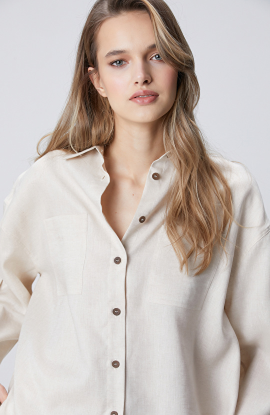 N-Green Beige Melange Linen Shirt