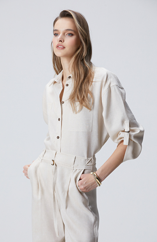 N-Green Beige Melange Linen Shirt