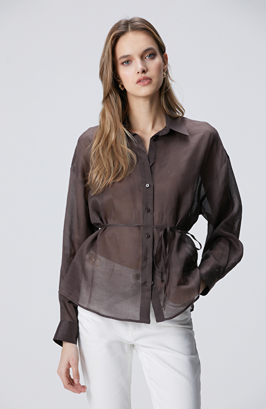 Kahverengi Beli Kuşaklı Rami Gömlek