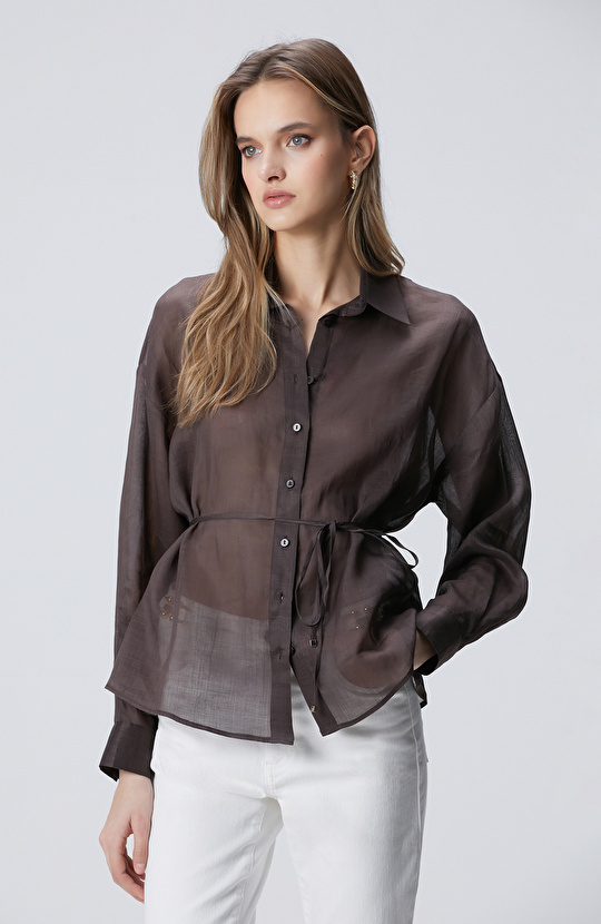 Kahverengi Beli Kuşaklı Rami Gömlek