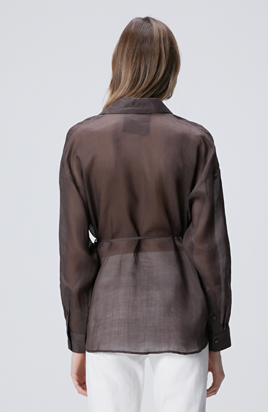 Kahverengi Beli Kuşaklı Rami Gömlek