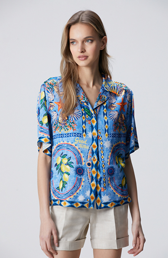 N-Green Color Patterned Viscose Shirt