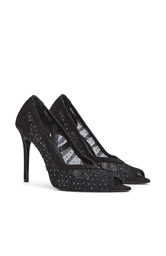 Black Mesh Fabric Detailed High Heels