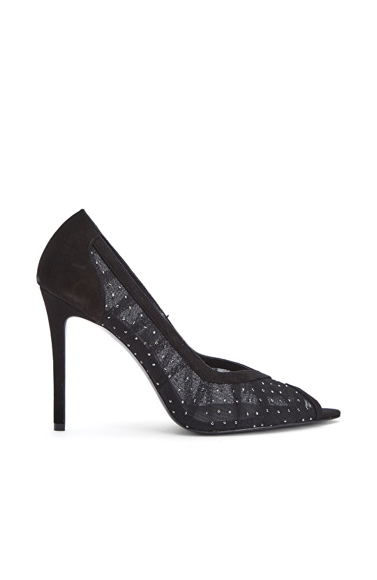Black Mesh Fabric Detailed High Heels