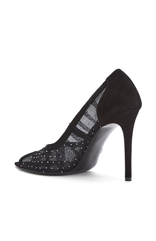 Black Mesh Fabric Detailed High Heels