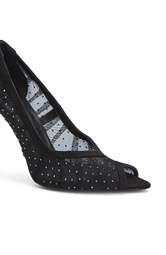 Black Mesh Fabric Detailed High Heels