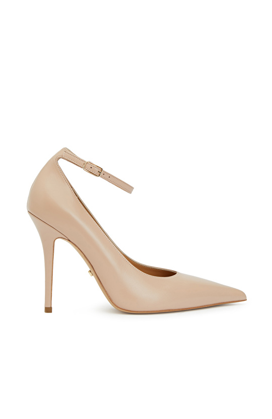 Nude Bantlı Deri Topuklu Ayakkabı