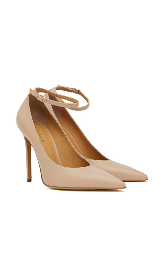 Nude Bantlı Deri Topuklu Ayakkabı