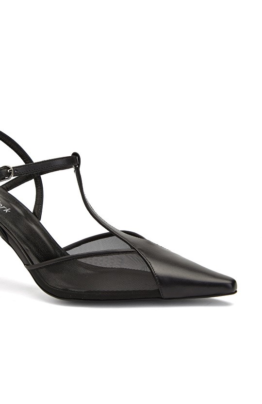 Siyah File Kumaş Detaylı Deri Stiletto