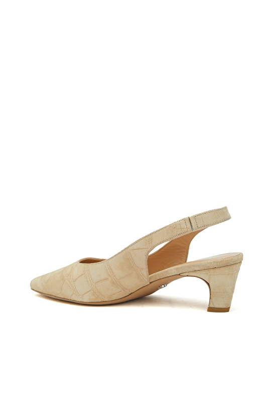 Bej Kroko Baskılı Deri Topuklu Ayakkabı