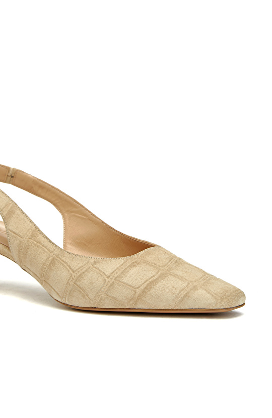 Bej Kroko Baskılı Deri Topuklu Ayakkabı