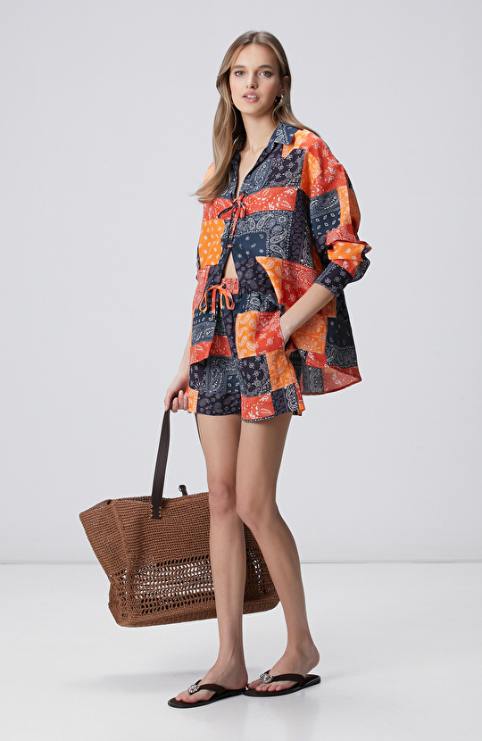 Lacivert Kırmızı Desenli Keten Bluz