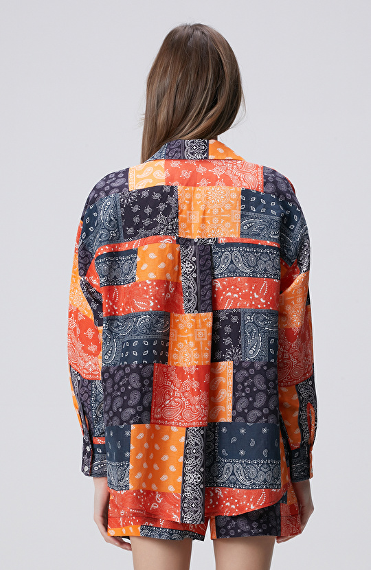 Lacivert Kırmızı Desenli Keten Bluz