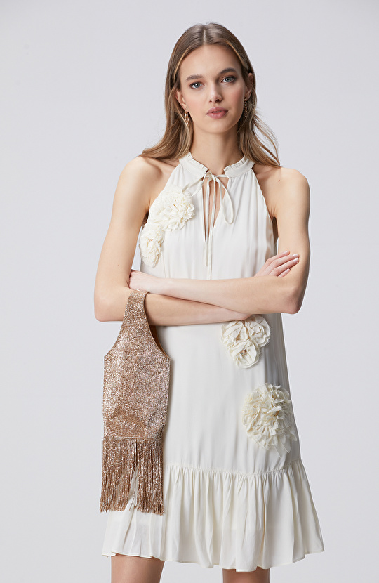 Kırık Beyaz Dik Yaka Abiye Elbise