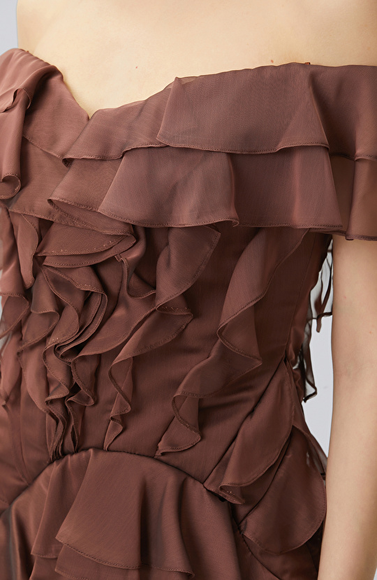 Kahverengi Volanlı Mini Abiye Elbise