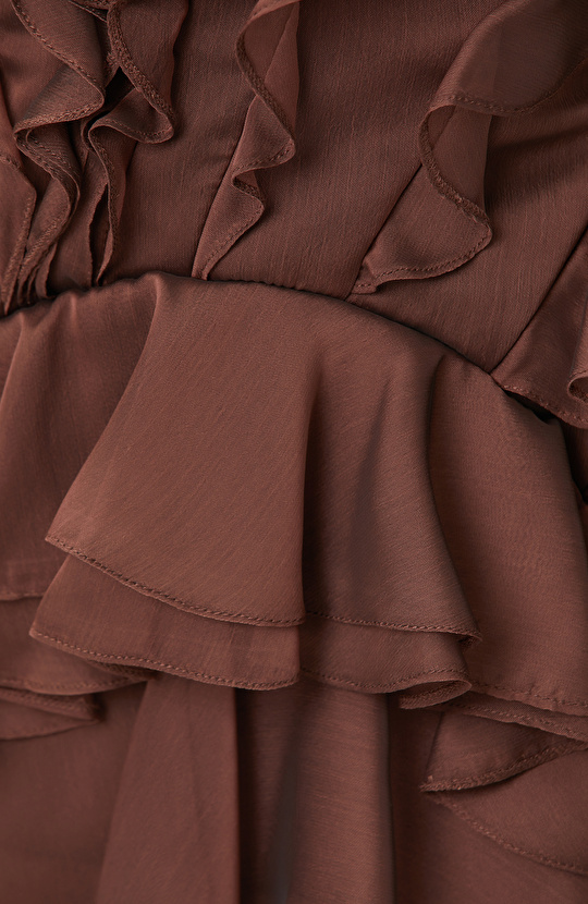 Kahverengi Volanlı Mini Abiye Elbise